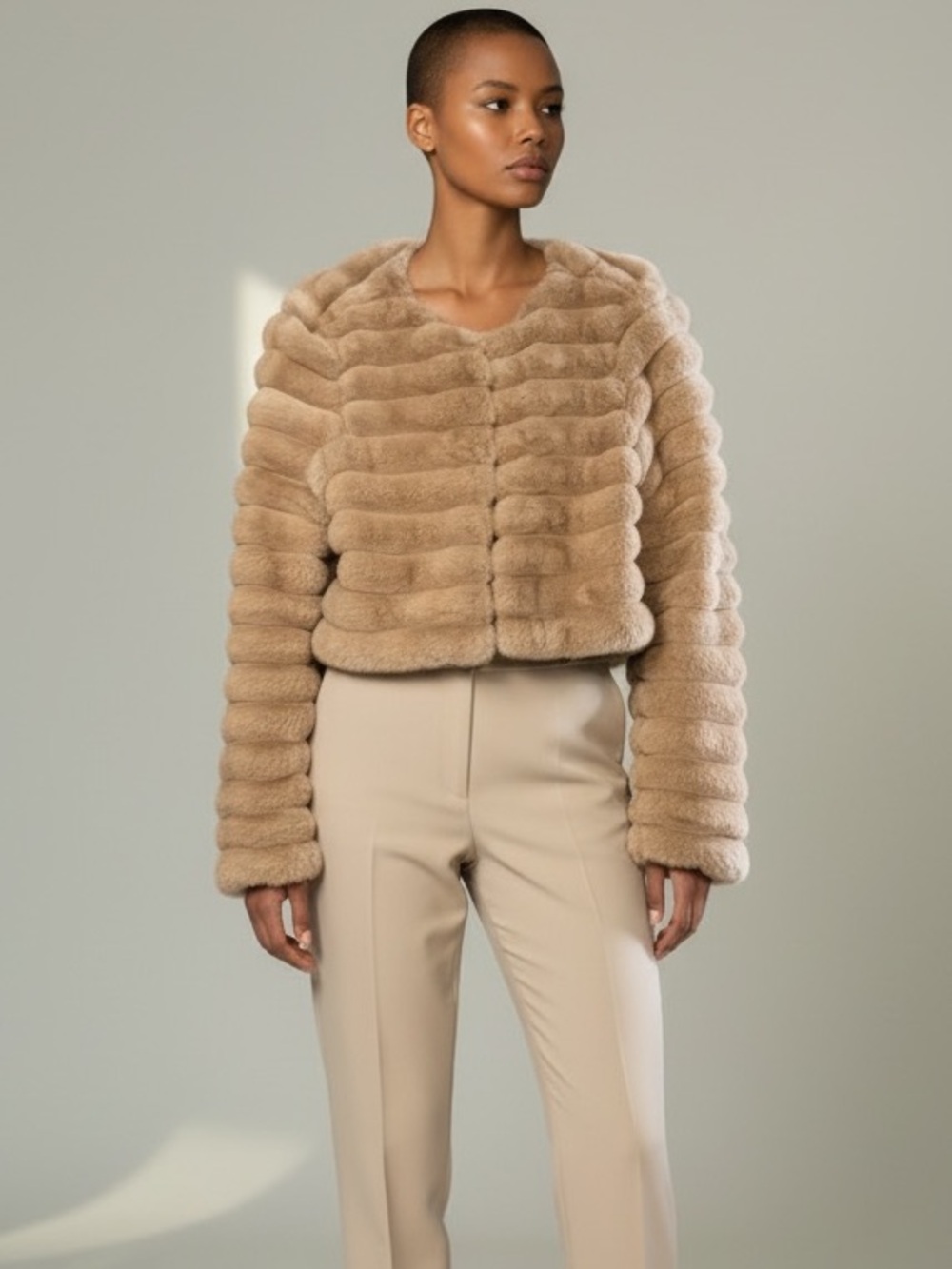 Plush Faux Fur Cropped Jacket in Beige NWT